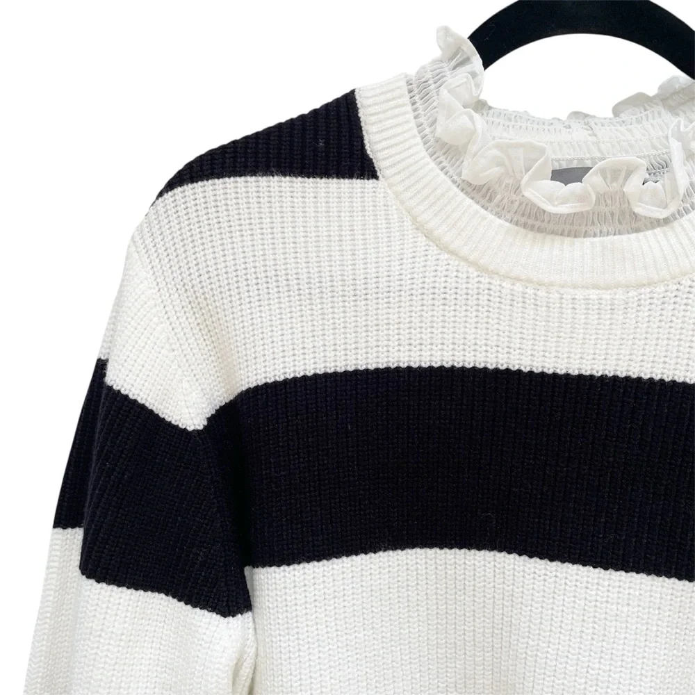 ANTHROPOLOGIE Ruffle Collar Sweater White Black Striped Pullover Medium NWT - Picture 6 of 13